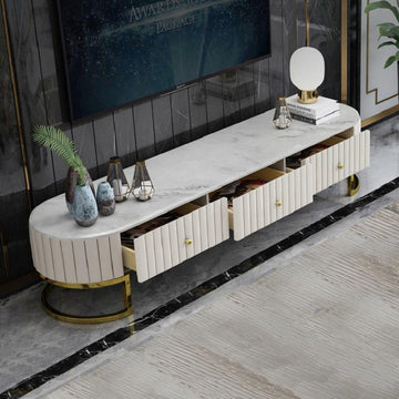 Epaule Modern Oval 71" TV Stand Faux Marble Top Media Stand with 3 Drawers in White